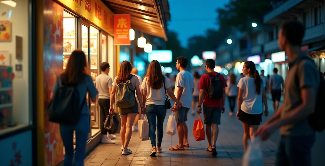 Beleuchteter 7-Eleven Store nachts mit Kunden während thailändischer Feiertage