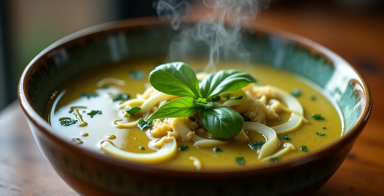 Makroaufnahme von thailändischem Curry mit sichtbaren Gewürzen und Texturen