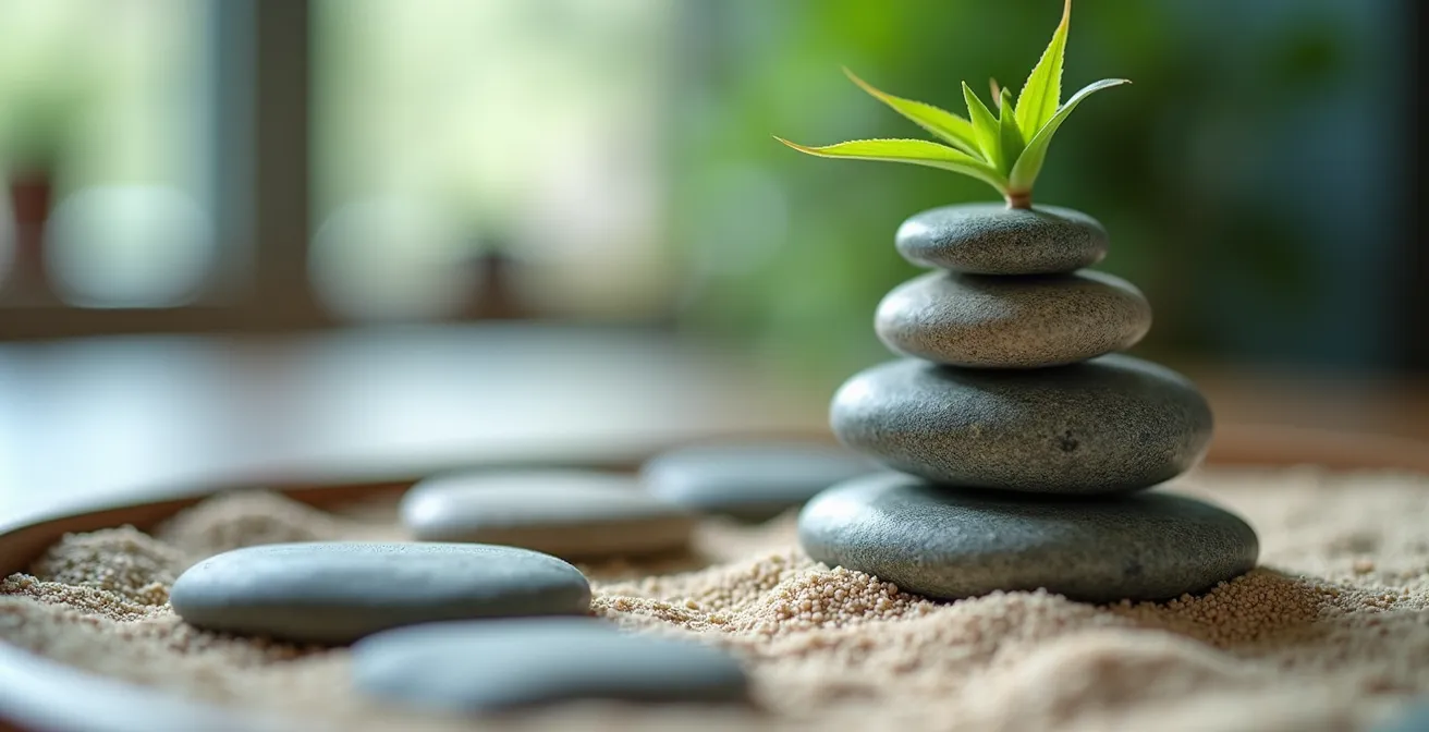 Makroaufnahme eines Mini-Zen-Gartens mit Steinen und Bambus auf einem modernen deutschen Büroschreibtisch.