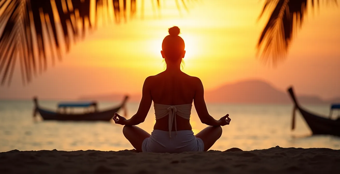 Person beobachtet achtsam einen thailändischen Sonnenuntergang am Strand