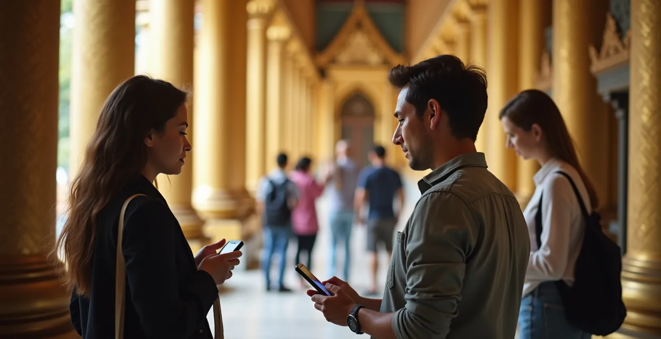 Touristen mit Audioguides und Reiseführer im Grossen Palast Bangkok