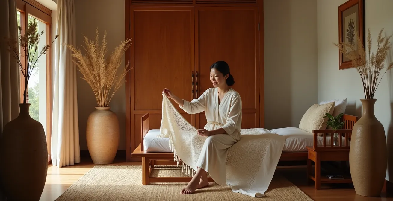 Innenraum eines Lanna-Boutique-Hotels mit Teakholzmöbeln und handgewebten Textilien