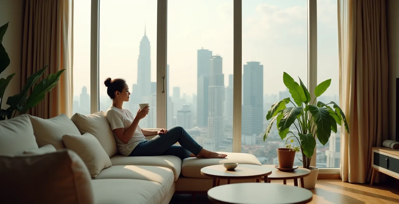 Modernes Condo-Wohnzimmer in Thailand mit Balkon und Stadtblick