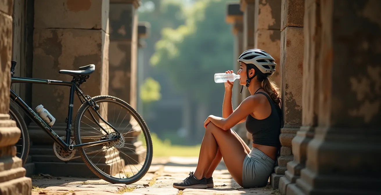 Radfahrer macht Pause im Schatten eines Tempels in Ayutthaya