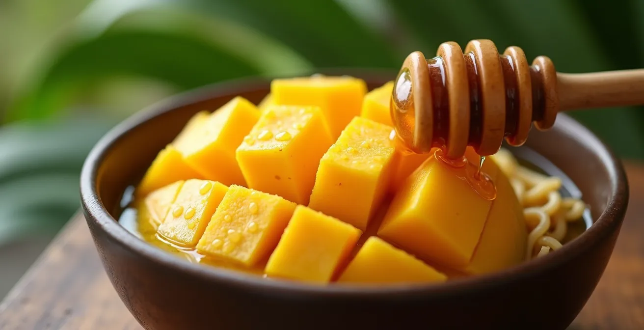 Makroaufnahme von frischen tropischen Früchten und Lanna-Gerichten beim Frühstück