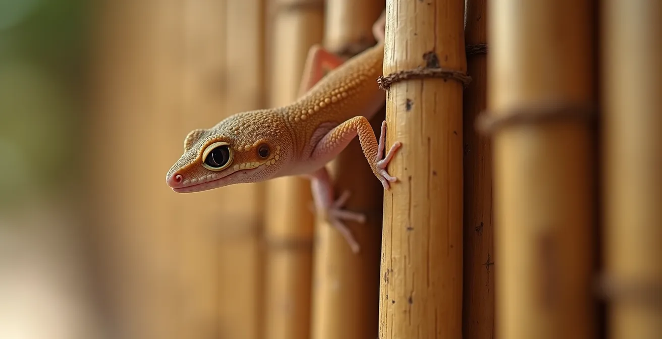 Gecko an einer Bambuswand als natürlicher Insektenschutz in einer tropischen Hütte.