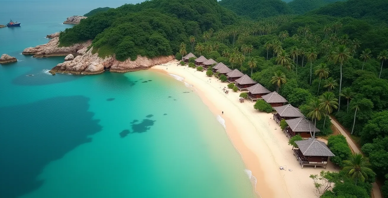 Luftaufnahme eines einsamen Strandes mit vereinzelten Bungalows