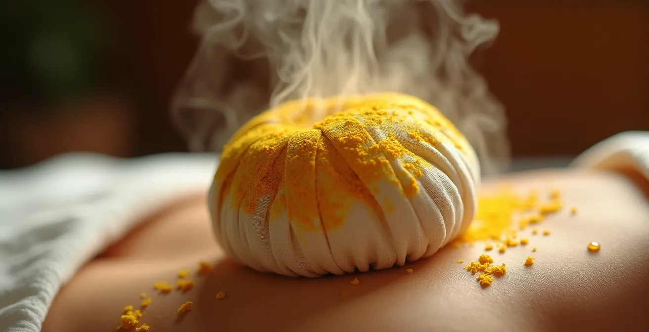 Detailaufnahme heisser Kräuterstempel mit aufsteigendem Dampf während Thai-Massage