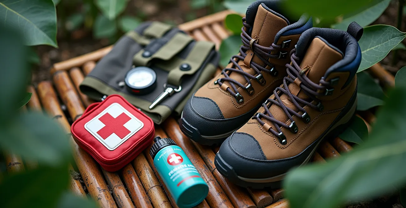Wanderer mit Ausrüstung auf Dschungelpfad im Khao Sok