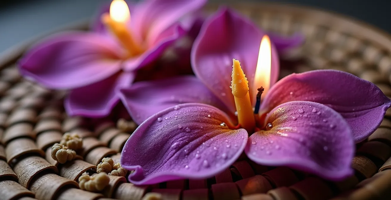 Traditioneller Opferkorb mit Orchideen und Kerzen für Sak Yant Zeremonie