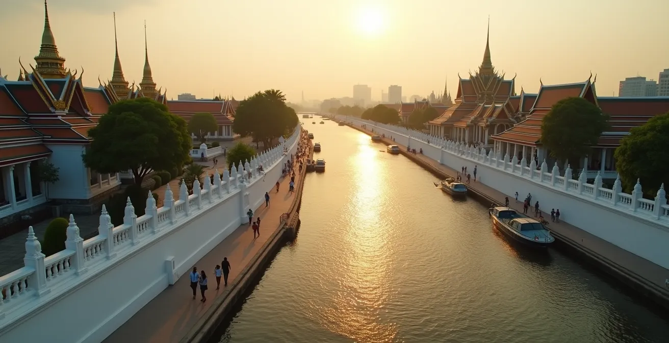 Luftaufnahme zeigt den Fussweg zwischen Grossem Palast und Wat Pho entlang der weissen Mauer