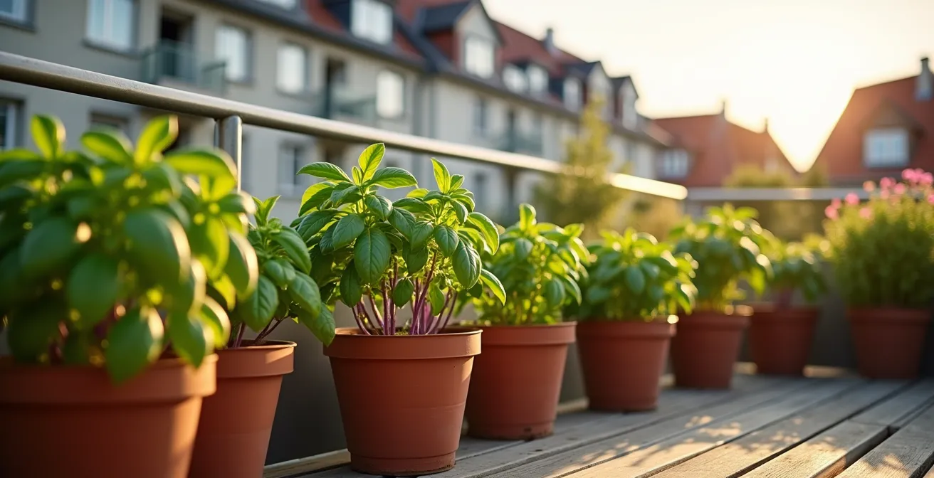Thailändisches Basilikum wächst auf einem deutschen Balkon, im Hintergrund eine typische städtische Kulisse.