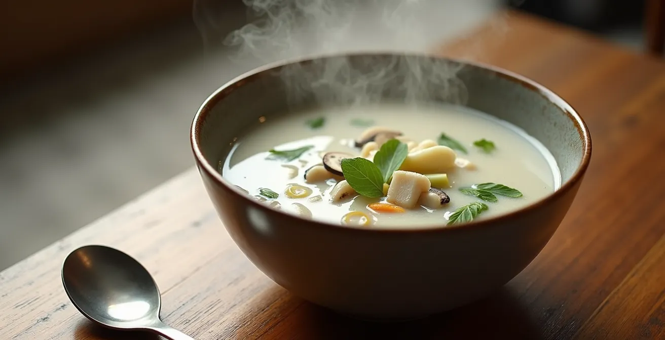 Dampfende Tom Kha Gai Suppe in traditioneller Schale mit Kräutern