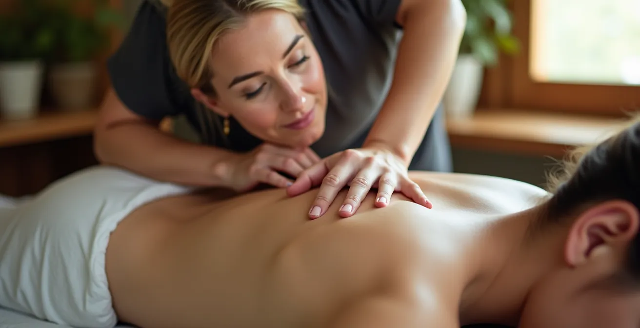 Masseurin demonstriert sanften therapeutischen Druck während traditioneller Thai-Massage