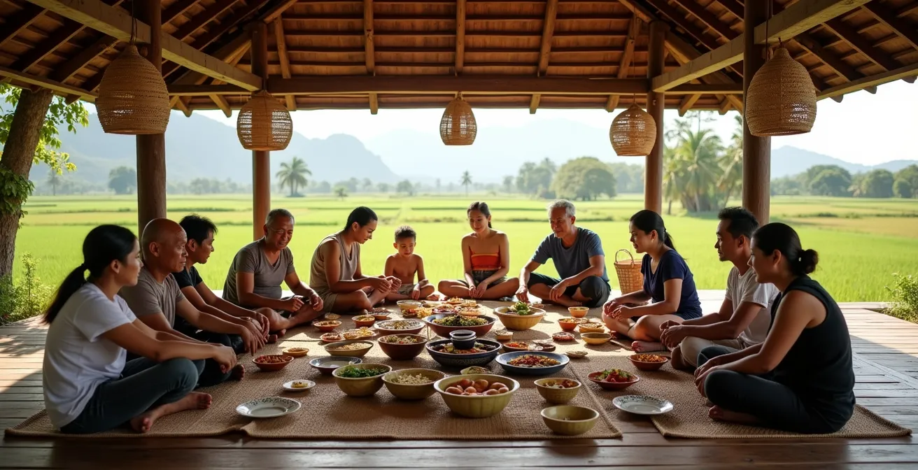 Thailändische Großfamilie beim traditionellen Zusammentreffen im ländlichen Thailand