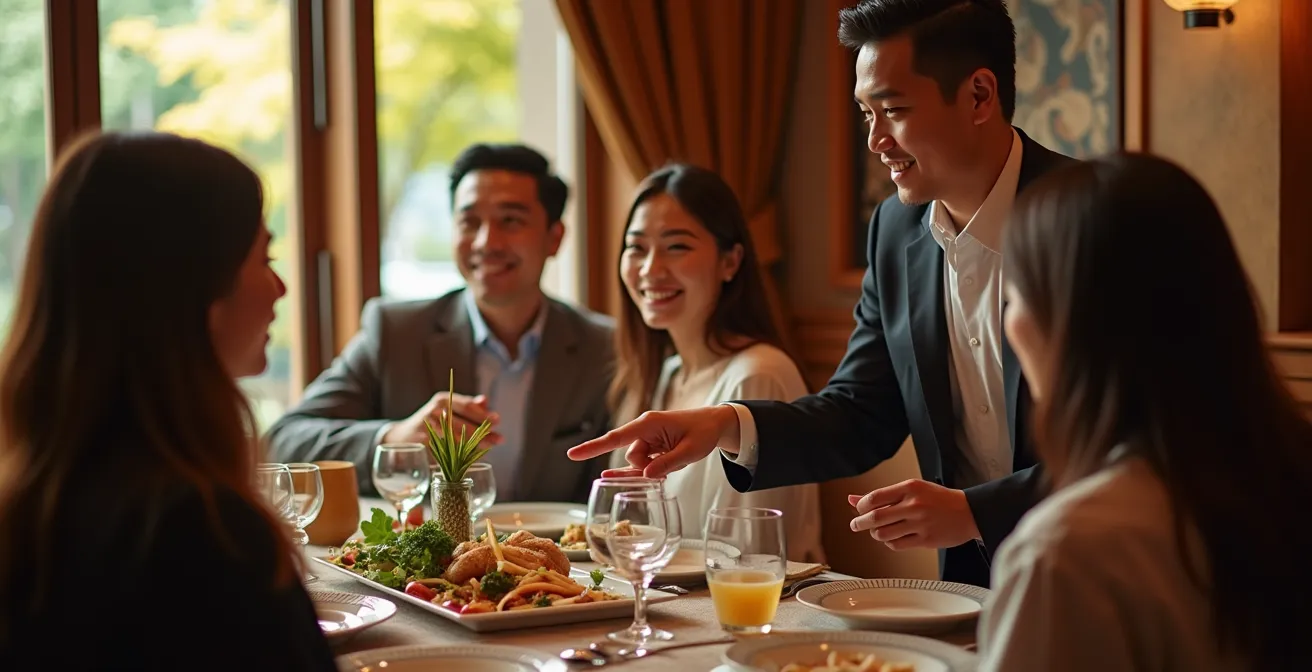 Thailändischer Gastgeber bei der Bestellung für eine Geschäftsgruppe im Restaurant